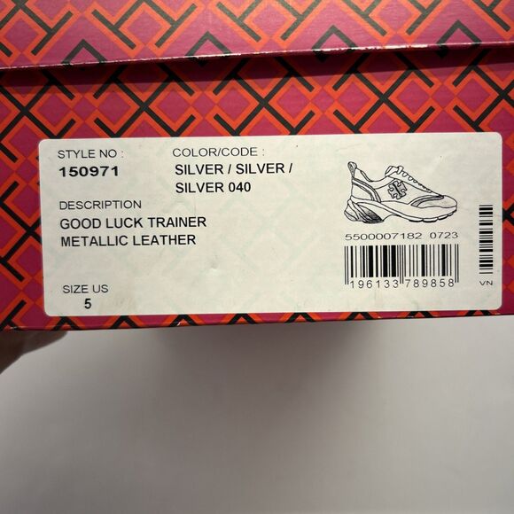 Tory Burch Good Luck Trainer Metallic Silver Leather Womens 5 New in Box - Picture 11 of 11